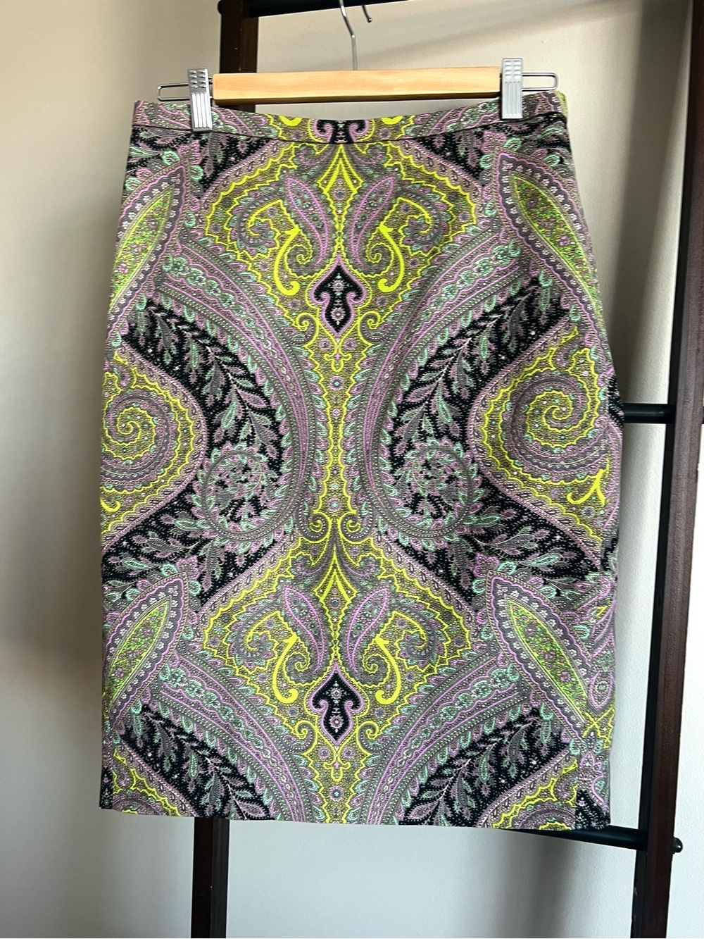 J. Crew Paisley Pencil Skirt in Lime, Lavender & Black